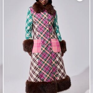AKIRA Sweething Patchwork Brown Faux Fur Trim Coat